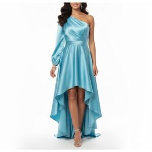 MAC DUGGAL Satin One Shoulder High Low Evening Gown Blue Size 10 Formal Dress